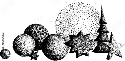 Black and white gingerbread cookie assortment with holiday theme in vintage pointillism style