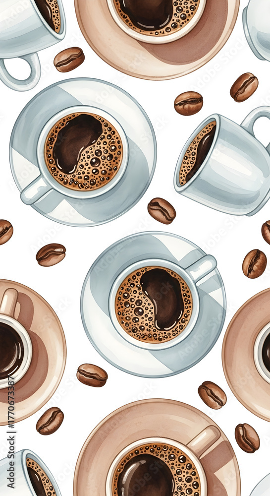 Obraz premium Seamless pattern with watercolor coffee cups and beans