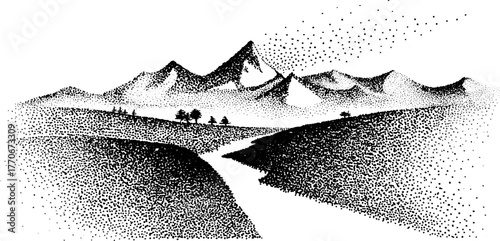 Black and white glacier valley landscape with stream in dotwork style