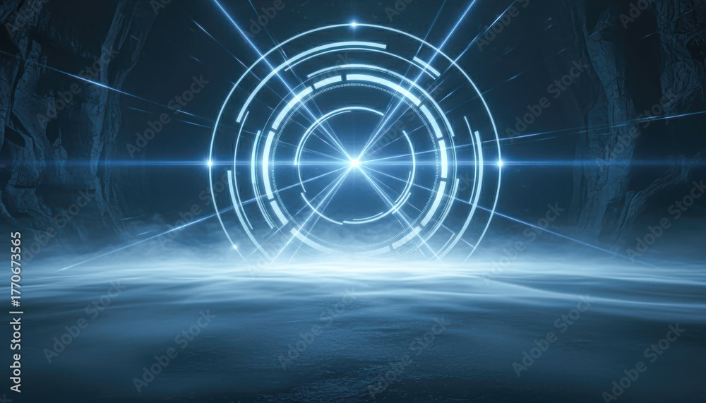 Obraz premium A futuristic portal emits glowing light in a misty, dark environment, creating a mysterious and captivating atmosphere.