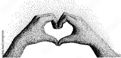 Black and white dotwork illustration of mittens forming a heart shape