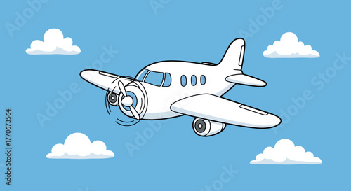 Stylized vintage airplane soaring through a cartoon sky dotted with fluffy clouds