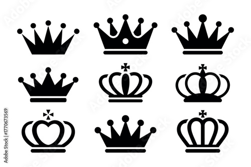 A collection of diverse crown silhouettes representing royalty and power.