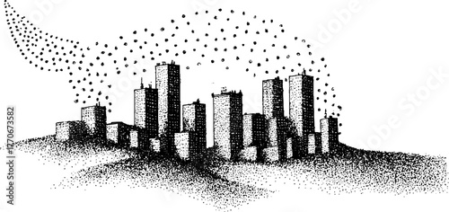 Urban skyline silhouette with glowing effect - black and white creative design for cityscape art