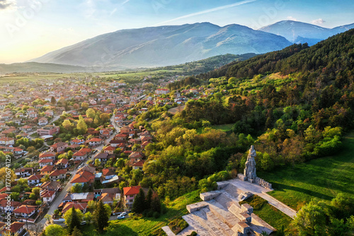 Aerial panorama of Kalofer with the Hristo Botev monument and mountains