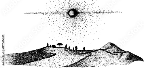 Black and white surreal landscape with icy planet surface and distant celestial body