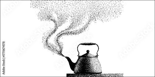 Vintage dotwork illustration of a kettle on stove with steam, perfect for kitchen decor design