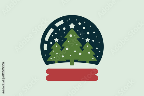 A snow globe with pine trees and snowflakes inside sits on a red base.