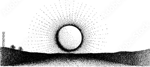 Luminous halo over landscape: black and white dotwork art for posters and prints