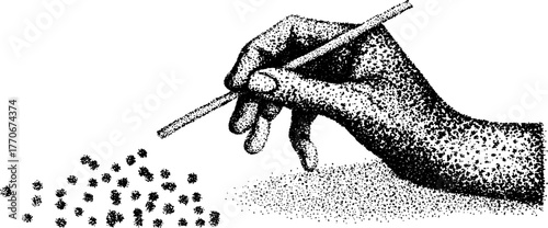 Hand artfully holding brush in detailed black and white dotwork technique