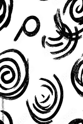 Minimalist abstract black and white pattern with concentric spirals and brushstroke textures