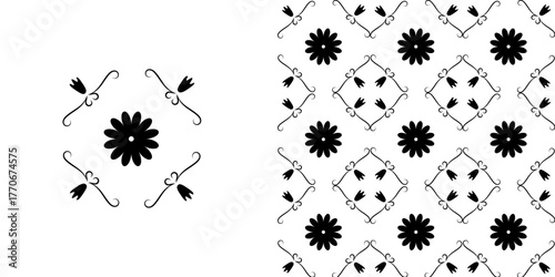Seamless Floral Vector Pattern in Black and White