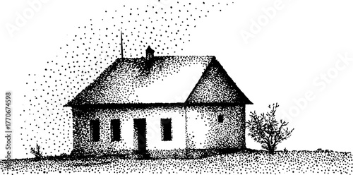 Minimalist house facade in black and white dotwork design for architectural illustration