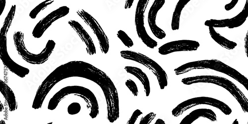 Minimalist abstract black and white pattern of curved brushstroke arcs for modern design