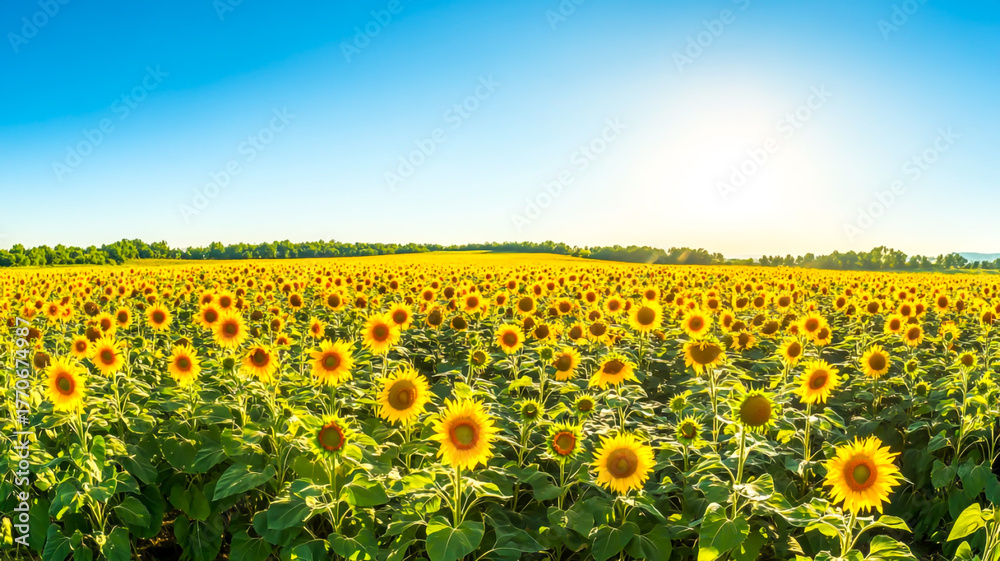 Fototapeta premium Panorama of a sunflower field under a clear blue sky on a sunny day , ai generated image