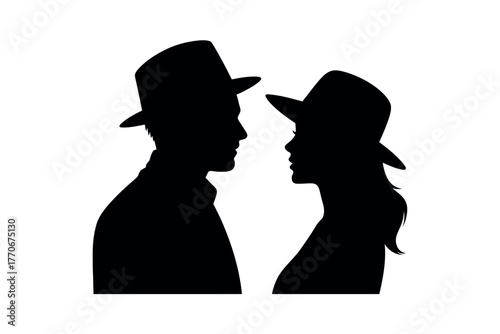 Silhouettes of a man and woman wearing fedora hats look at each other.