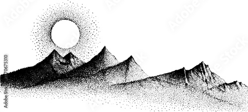 Black and white mountain landscape under glowing full sun for artistic design