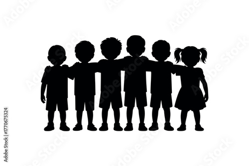 A diverse group of children stands together with arms around each other.