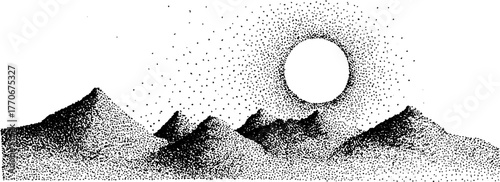 Scenic mountain landscape with full moon in black and white for artistic designs