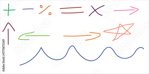 Collection of hand drawn mathematical symbols and arrows on a white background