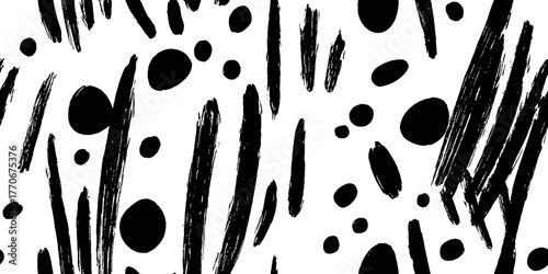 Minimalist abstract pattern with black brushstroke dots and lines on white background