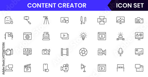 Content creator vector web line icon collection, sleek illustrations of cameras, pens, laptops, creative tools for vibrant, innovative designs.