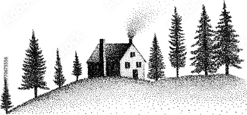 Northern forest cabin scene in black and white stipple art for rustic design