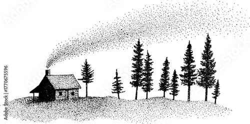 Black and white illustration of northern forest cabin with trees for rustic design