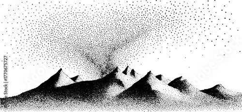 Northern lights spiraling above mountains in vintage style dotwork