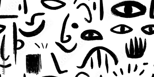 Minimalist black and white abstract pattern with emotive faces for artistic design