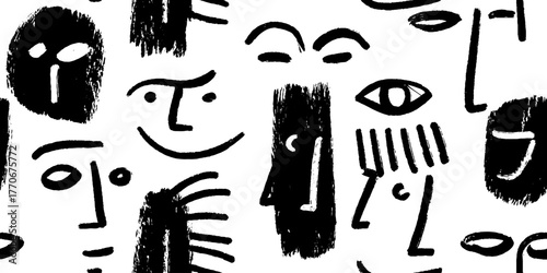 Minimalist black and white abstract faces with emotive expressions for art and design