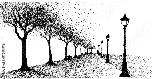 Serene park pathway with lamps and trees in stipple effect for tranquil design