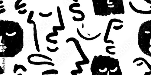 Minimalist abstract pattern of face profiles in black and white for contemporary design