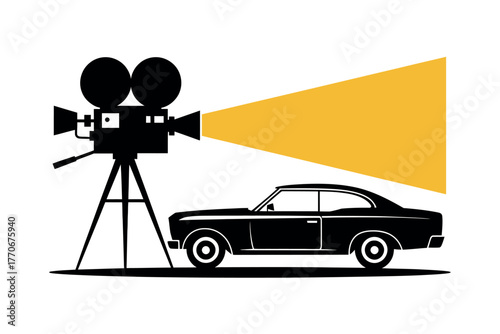 Vintage movie camera projects light onto a classic car at a drive-in theater.