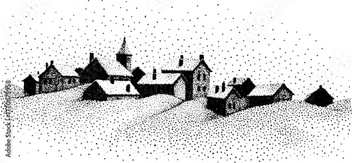 Idyllic black and white rural rooftops in winter landscape