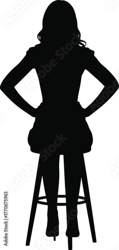 Vector silhouette illustration of woman seated on stool with hands on hips for fashion design, confident pose, and figure reference concept