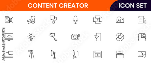 Content creator vector web line icon collection, sleek illustrations of cameras, pens, laptops, creative tools for vibrant, innovative designs.