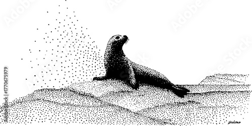 Serene seal on ice floe in dotwork style for vintage wildlife art