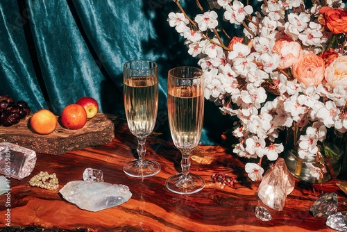 Horizontal View of Champagne Flutes Toasting with Golden Bokeh Background