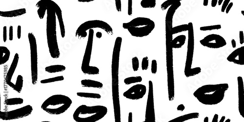 Minimalist abstract black and white pattern of face profiles for modern art design