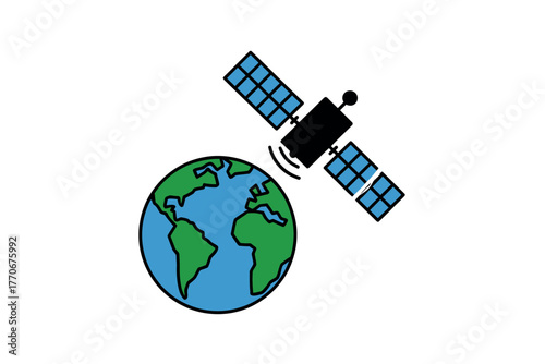 A satellite orbits the planet Earth, symbolizing global communication and connectivity.