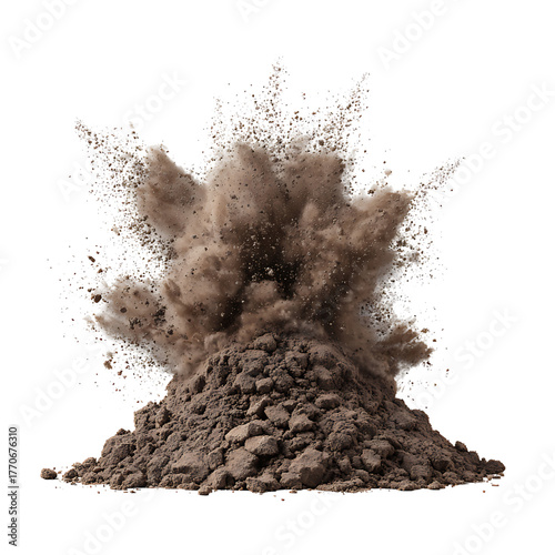 Explosion of dark powder isolated on transparent background