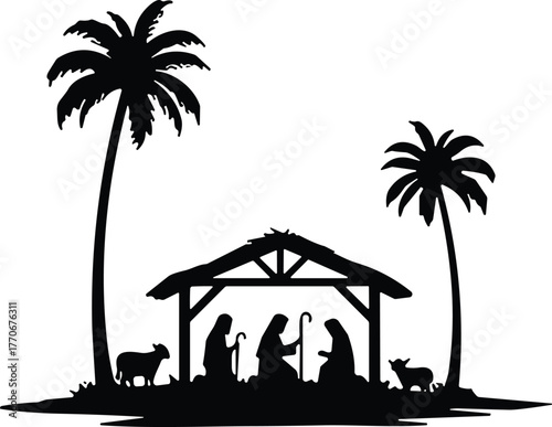 Nativity scene silhouette with Mary, Joseph, and baby Jesus in manger, Christmas illustration, religious birth of Christ vector design