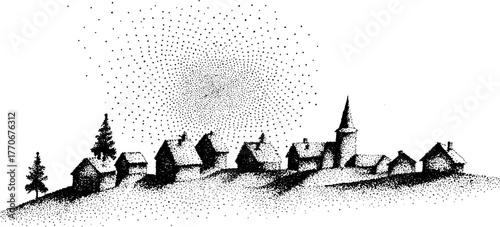 Tranquil village night scene under a starry galaxy sky in black and white