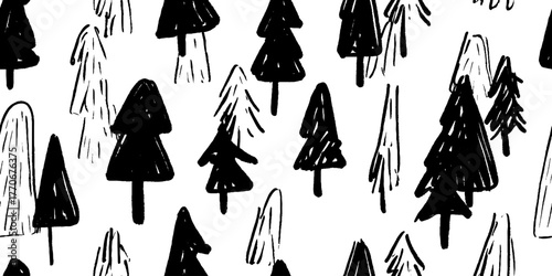 Minimalist black and white fir trees pattern for holiday design