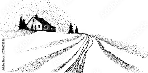 Winter landscape with sleigh tracks leading to countryside house in vintage style