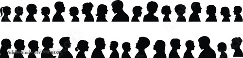 Flat vector silhouette of diverse human profiles facing each other, communication concept, social interaction, comparison, diversity illustration, head shapes