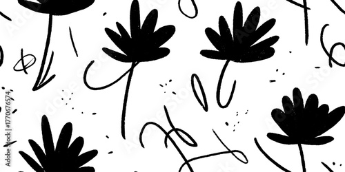 Minimalist black and white abstract floral pattern