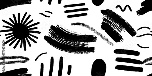 Minimalist abstract black and white pattern with artistic brushstrokes and grains
