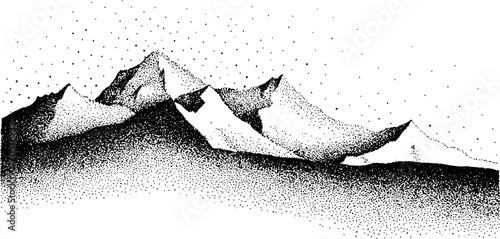 Black and white stipple art of snow-covered mountain ridge